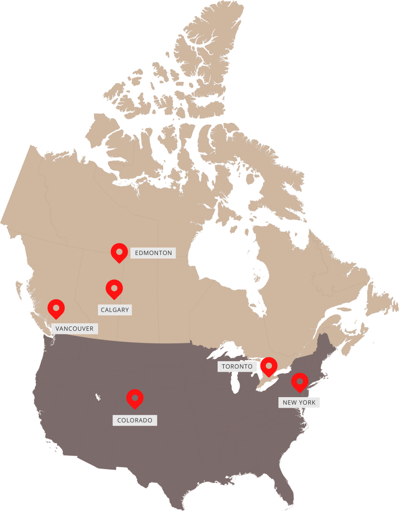 Map showing BOWO Creative service area locations across Canada and the US (Vancouver, Calgary, Edmonton, Toronto, Colorado, New York)